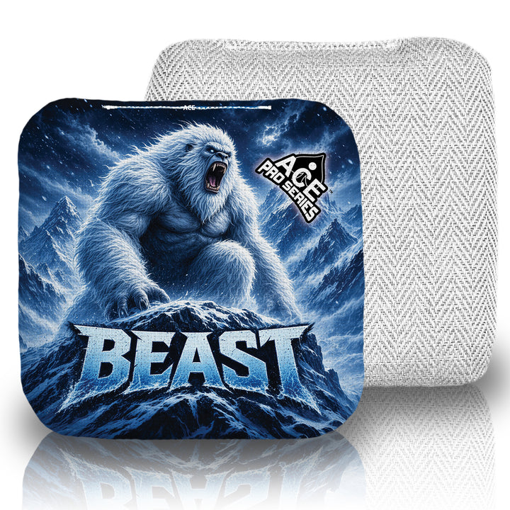 Beast Carpet White Yeti ACE Pro carpet cornhole bags front design and white herringbone carpet back view