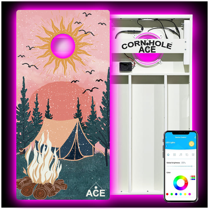 Camping Design - Cornhole Board Set - All Weather - With Pro Light Kit
