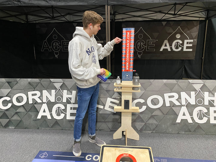 Elite Cornhole Scoreboard Triangle Edition (Navy Blue/Brown)