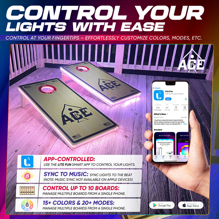 Pro Light Kit for Cornhole Boards – Bluetooth Controlled, Compatible with DeWalt & Milwaukee Batteries (Boards & Batteries Not Included)