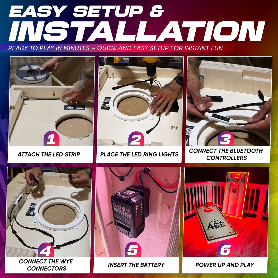 Pro Light Kit for Cornhole Boards – Bluetooth Controlled, Compatible with DeWalt & Milwaukee Batteries (Boards & Batteries Not Included)
