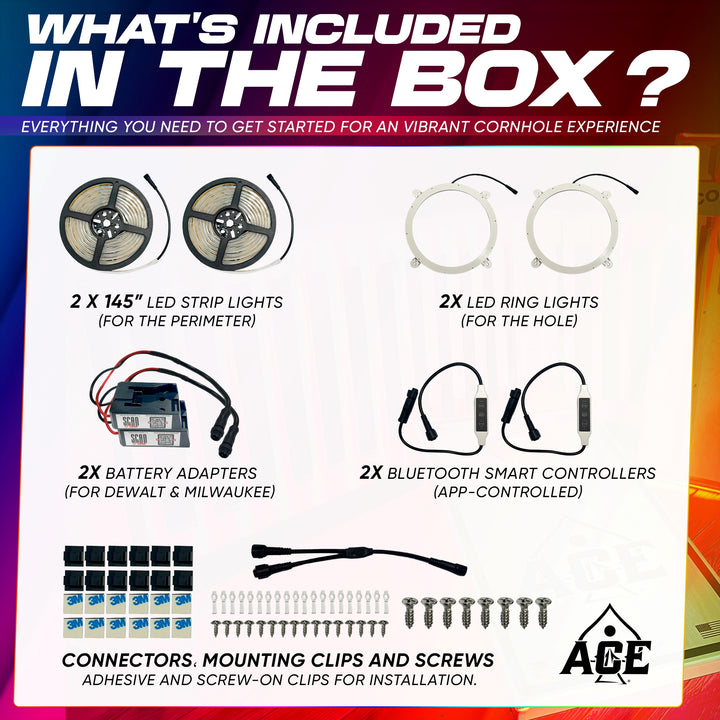 Pro Light Kit for Cornhole Boards – Bluetooth Controlled, Compatible with DeWalt & Milwaukee Batteries (Boards & Batteries Not Included)