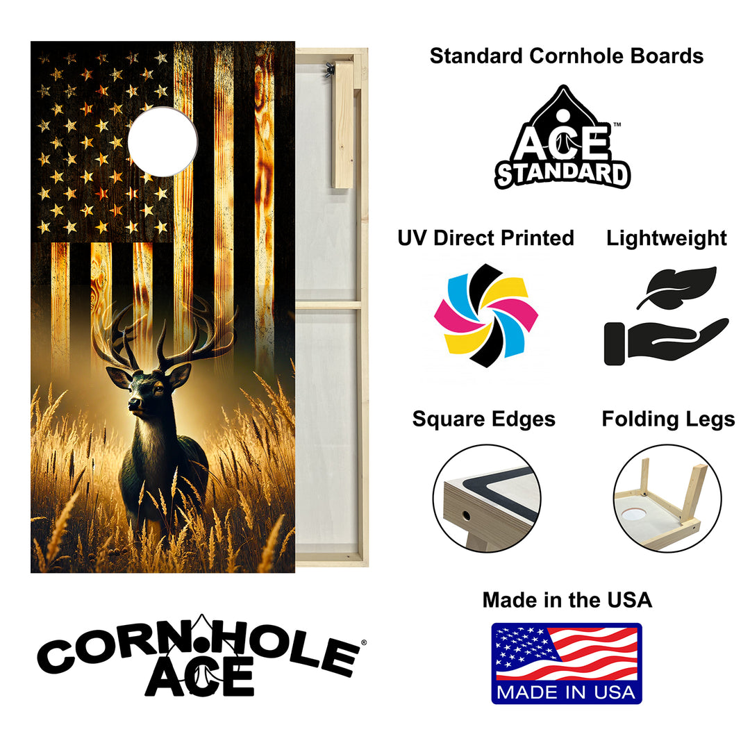 Deer Hunting with USA Flag Standard cornhole boards close-up showing hole artwork and frame