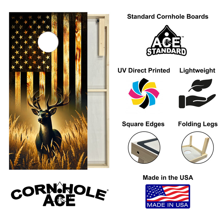 Deer Hunting with USA Flag Standard cornhole boards close-up showing hole artwork and frame
