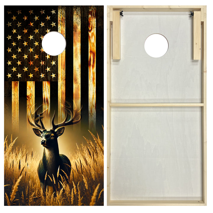 Deer Hunting with USA Flag Standard cornhole boards main view with printed gameboard artwork