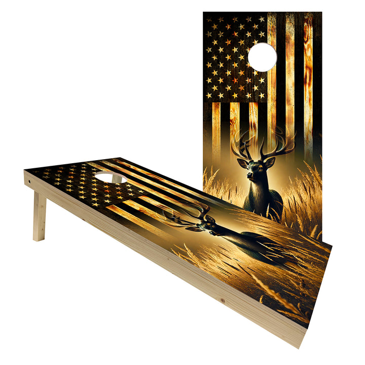 Deer Hunting with USA Flag Standard cornhole boards set up for backyard cornhole gameplay