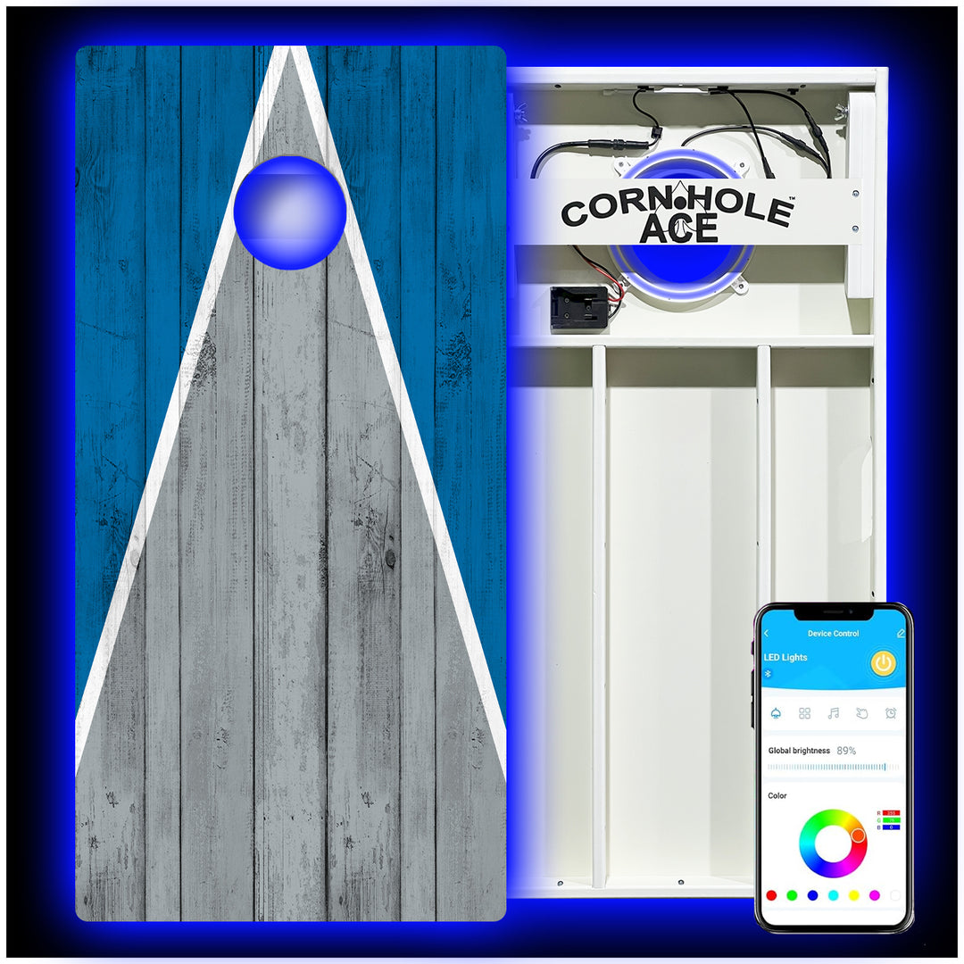 Detroit Tailgate Triangle Design (Blue and Silver) - Cornhole Board Set - All Weather - With Pro Light Kit