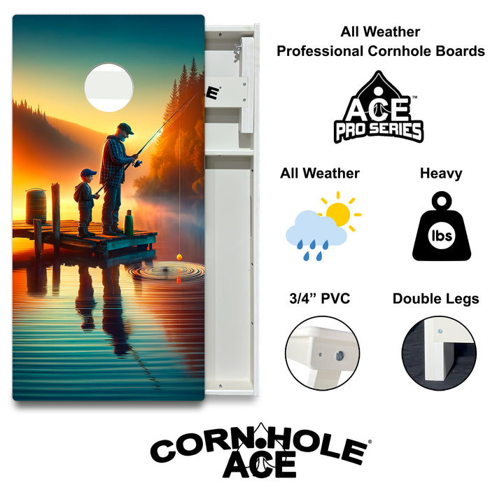 Father and Son Fishing at Golden Hour - Cornhole Board Set - All Weather