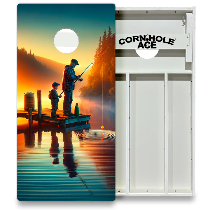 Father and Son Fishing at Golden Hour - Cornhole Board Set - All Weather