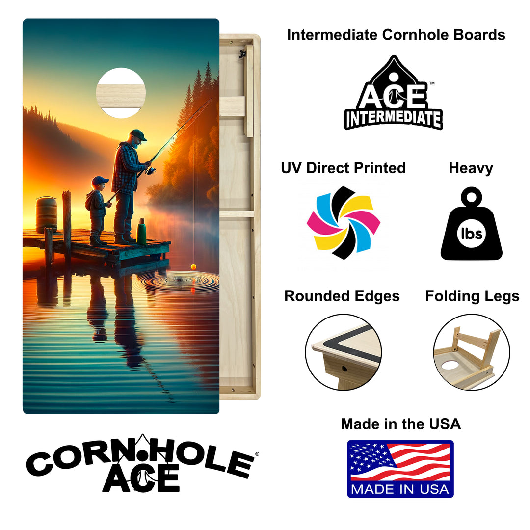 Father and Son Fishing at Golden Hour - Cornhole Board Set - Intermediate