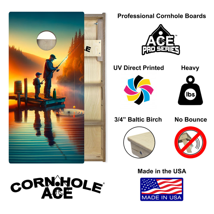 Father and Son Fishing at Golden Hour - Cornhole Board Set - Professional