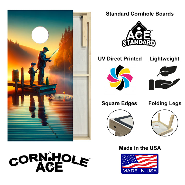 Father and Son Fishing at Golden Hour - Cornhole Board Set - Standard