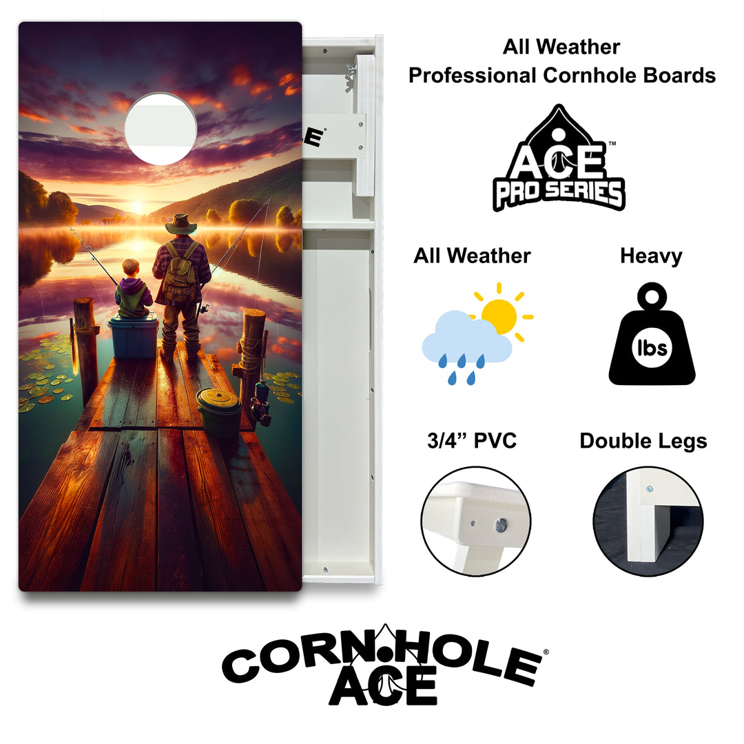 Father and Son Fishing at Sunrise - Cornhole Board Set - All Weather