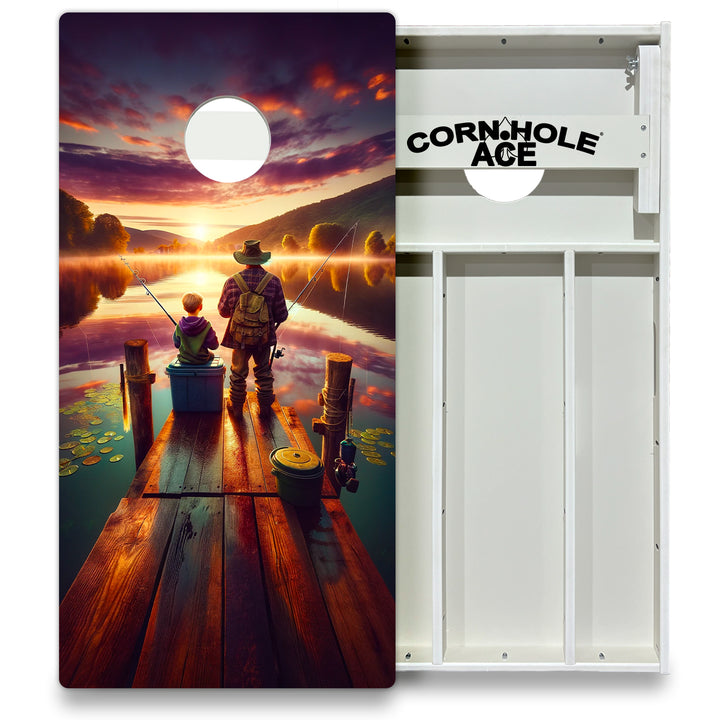 Father and Son Fishing at Sunrise - Cornhole Board Set - All Weather