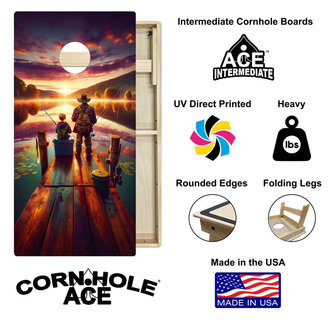 Father and Son Fishing at Sunrise - Cornhole Board Set - Intermediate