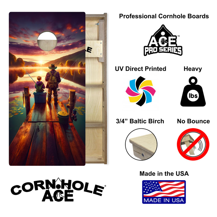 Father and Son Fishing at Sunrise - Cornhole Board Set - Professional