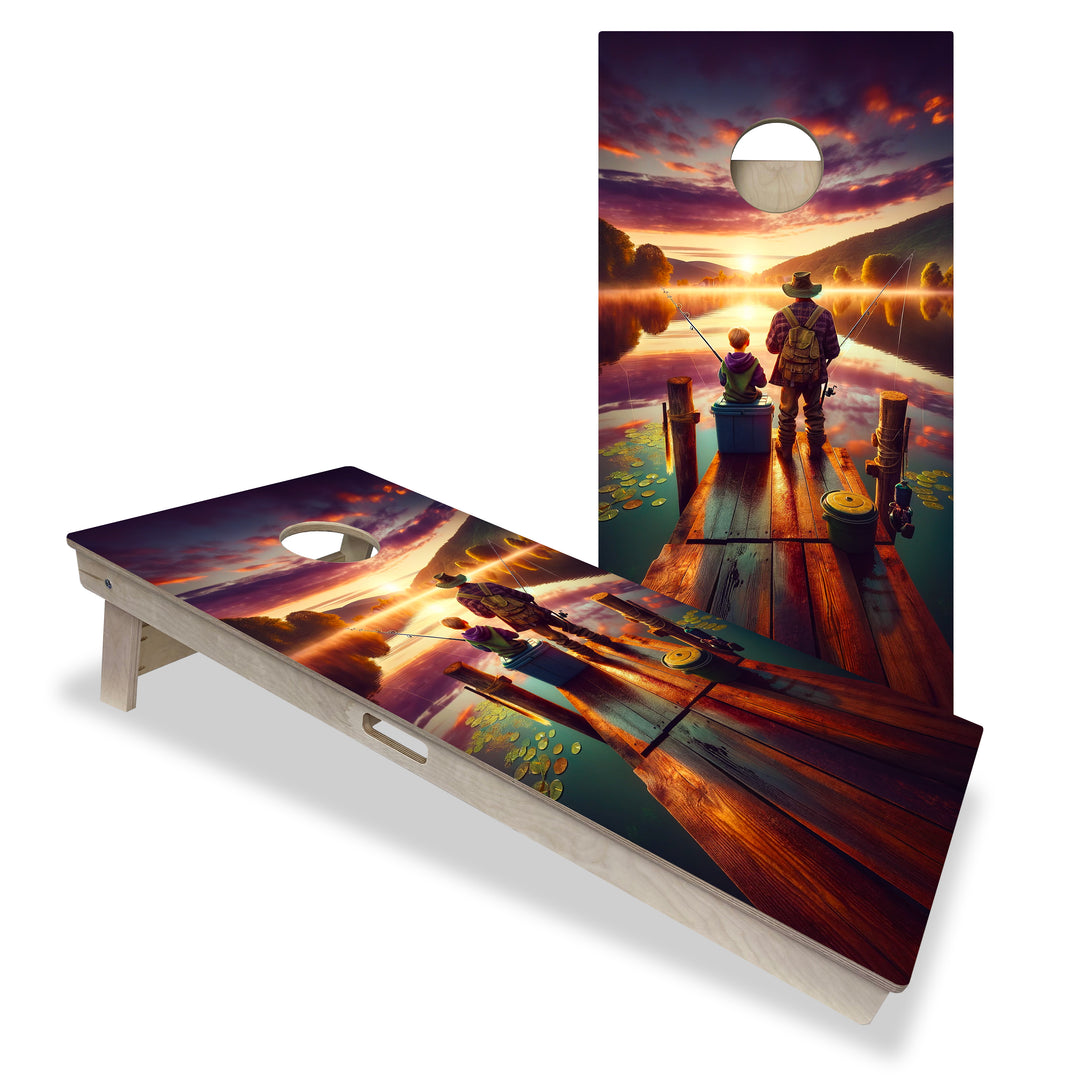 Father and Son Fishing at Sunrise - Cornhole Board Set - Professional