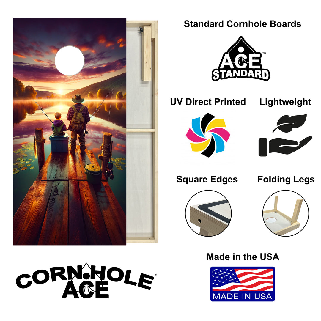 Father and Son Fishing at Sunrise - Cornhole Board Set - Standard