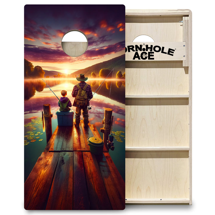 Father and Son Fishing at Sunrise - Cornhole Board Set - Professional