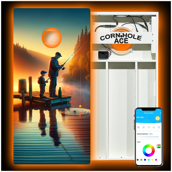 Father and Son Fishing at Golden Hour - Cornhole Board Set - All Weather - With Pro Light Kit
