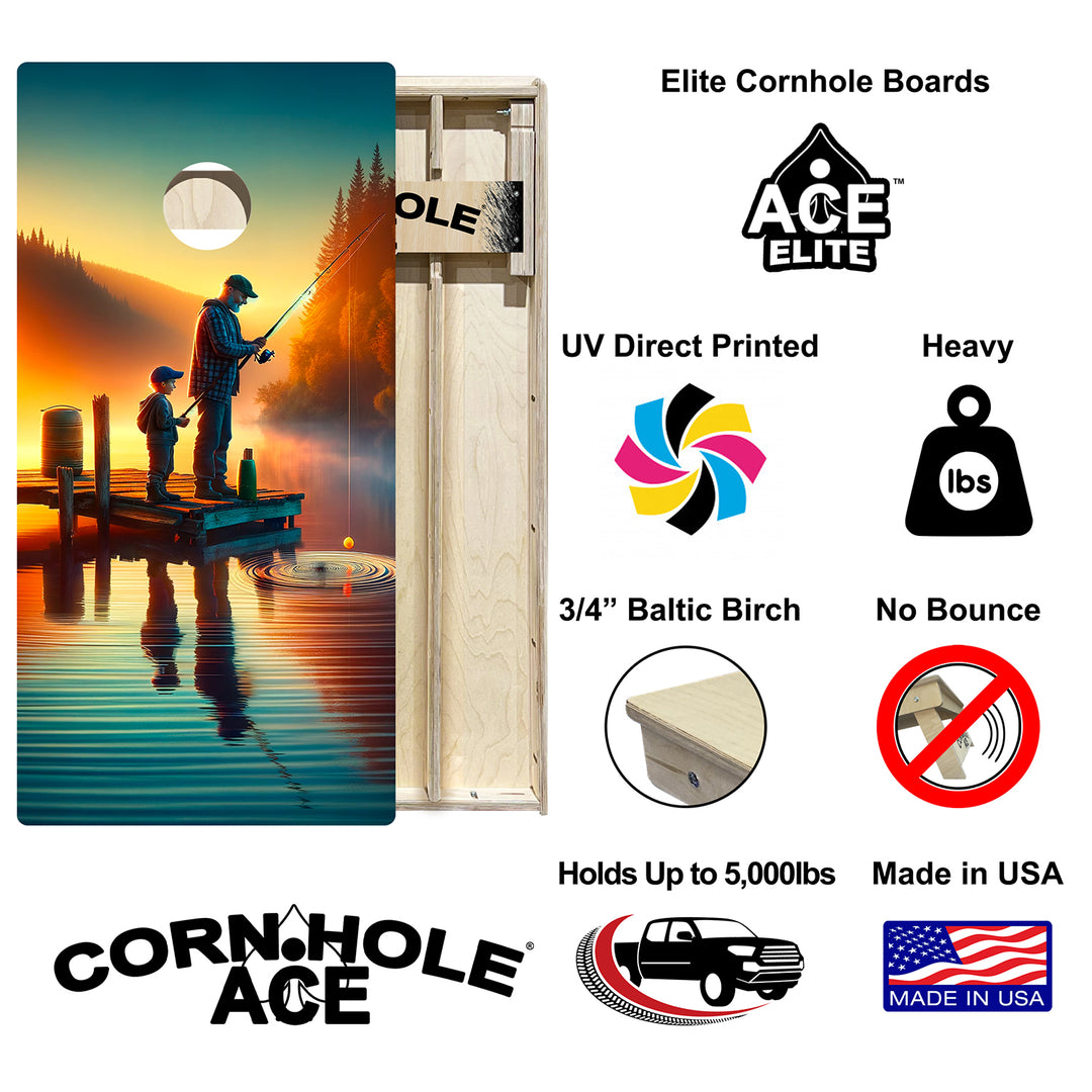 Father and Son Fishing at Golden Hour - Cornhole Board Set - Elite