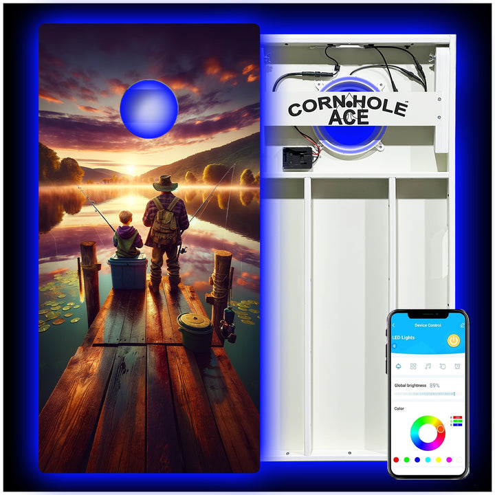 Father and Son Fishing at Sunrise - Cornhole Board Set - All Weather - With Pro Light Kit