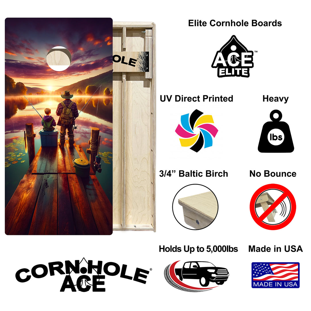 Father and Son Fishing at Sunrise - Cornhole Board Set - Elite