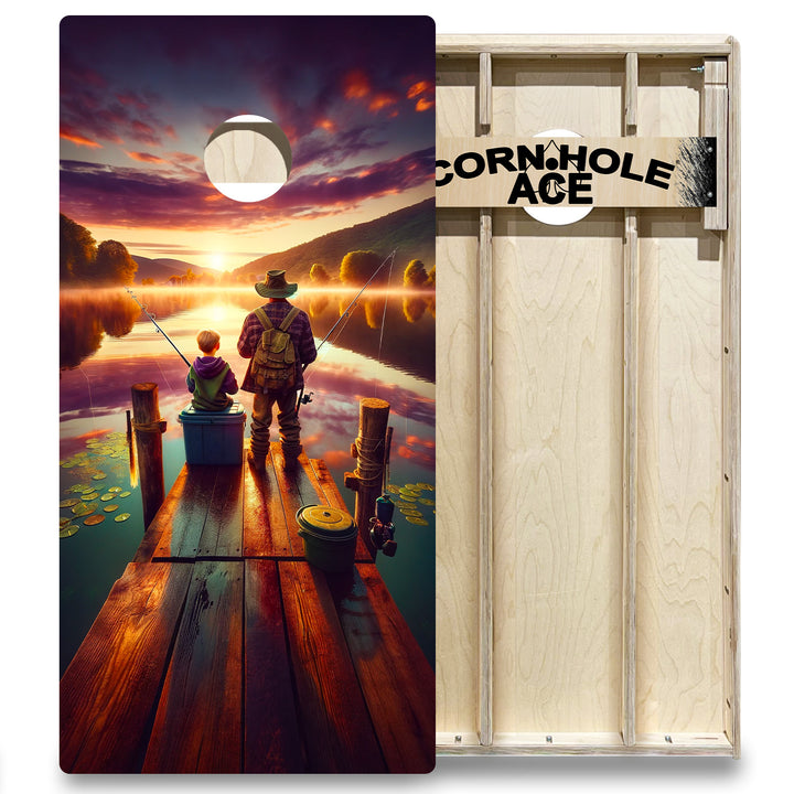 Father and Son Fishing at Sunrise - Cornhole Board Set - Elite