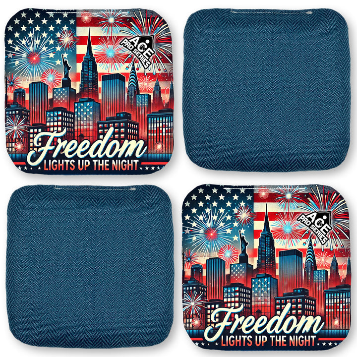 Freedom City Lights - Navy Blue Carpet - ACE Pro Carpet Cornhole Bags