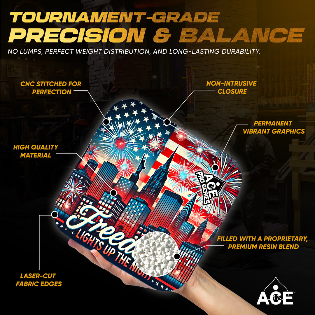 Freedom City Lights - Navy Blue Carpet - ACE Pro Carpet Cornhole Bags