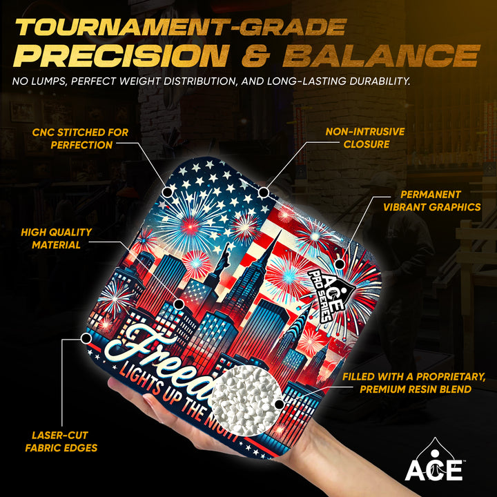 Freedom City Lights - Navy Blue Carpet - ACE Pro Carpet Cornhole Bags