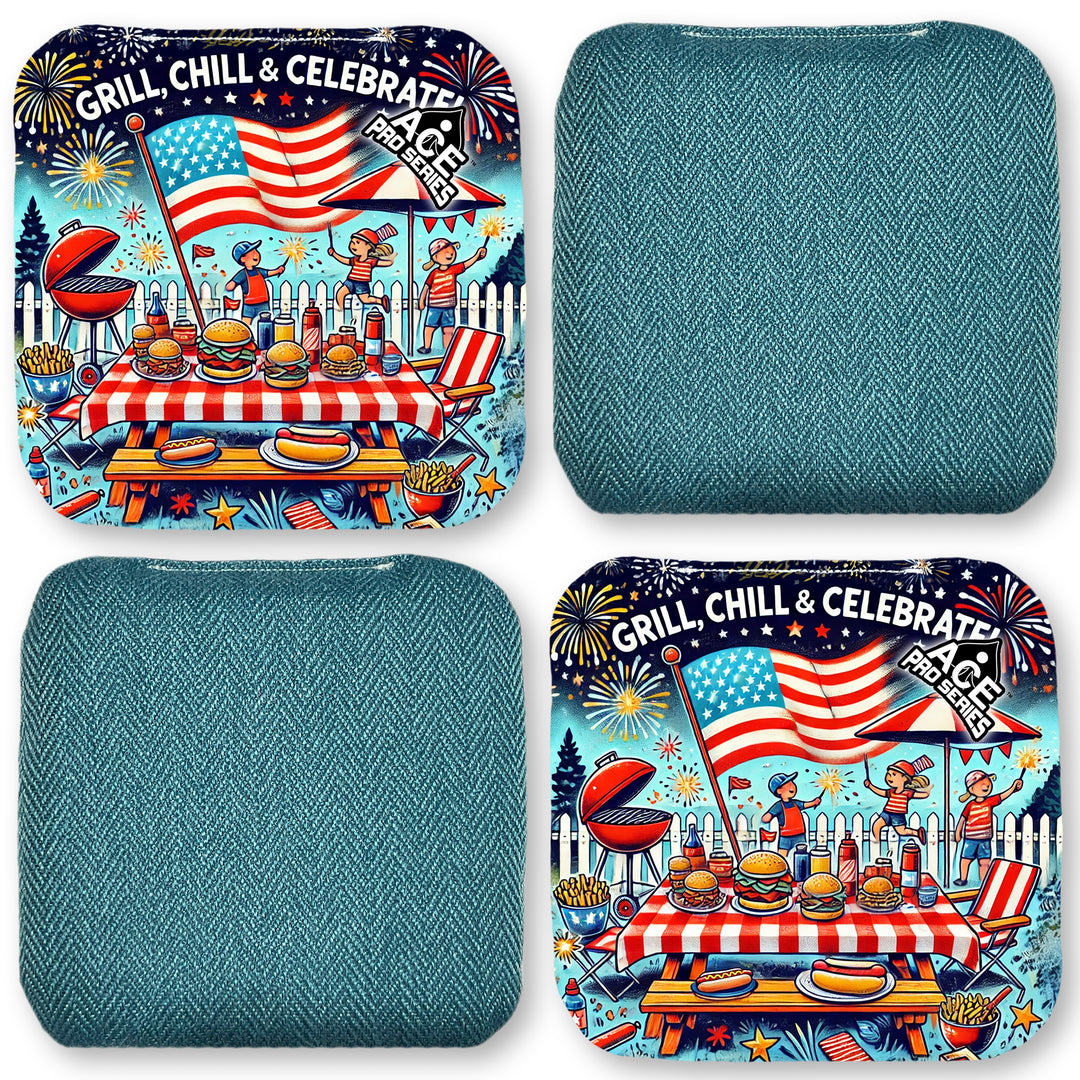 Grill, Chill and Celebrate - Teal Carpet - ACE Pro Carpet Cornhole Bags