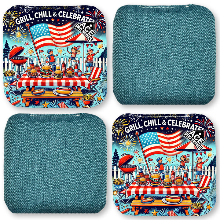 Grill, Chill and Celebrate - Teal Carpet - ACE Pro Carpet Cornhole Bags