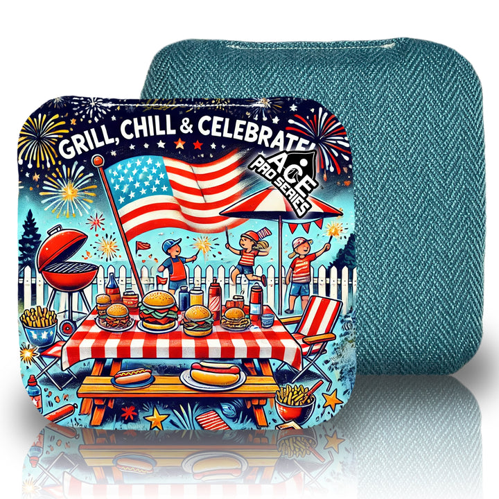 Grill, Chill and Celebrate - Teal Carpet - ACE Pro Carpet Cornhole Bags