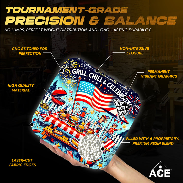 Grill, Chill and Celebrate - Teal Carpet - ACE Pro Carpet Cornhole Bags