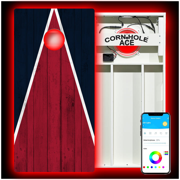 Houston Tailgate Triangle Design (Dark Blue and Red) - Cornhole Board Set - All Weather - With Pro Light Kit