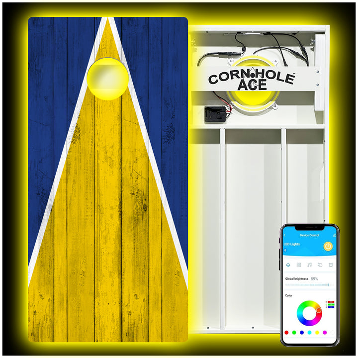 Los Angeles Tailgate Triangle Design (Blue and Yellow) - Cornhole Board Set - All Weather - With Pro Light Kit