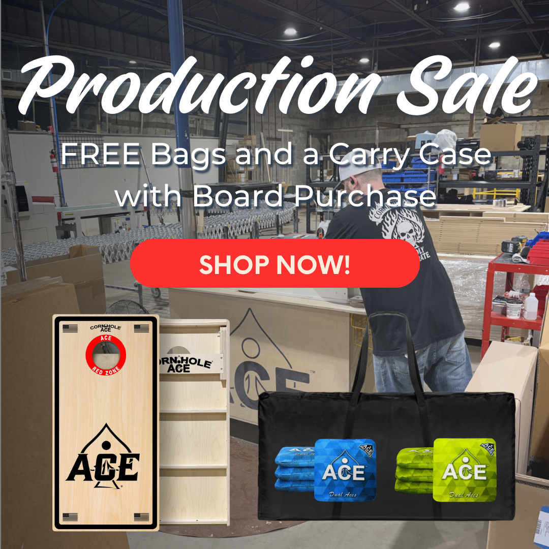 March 2026 CornholeAce production sale graphic for custom cornhole boards