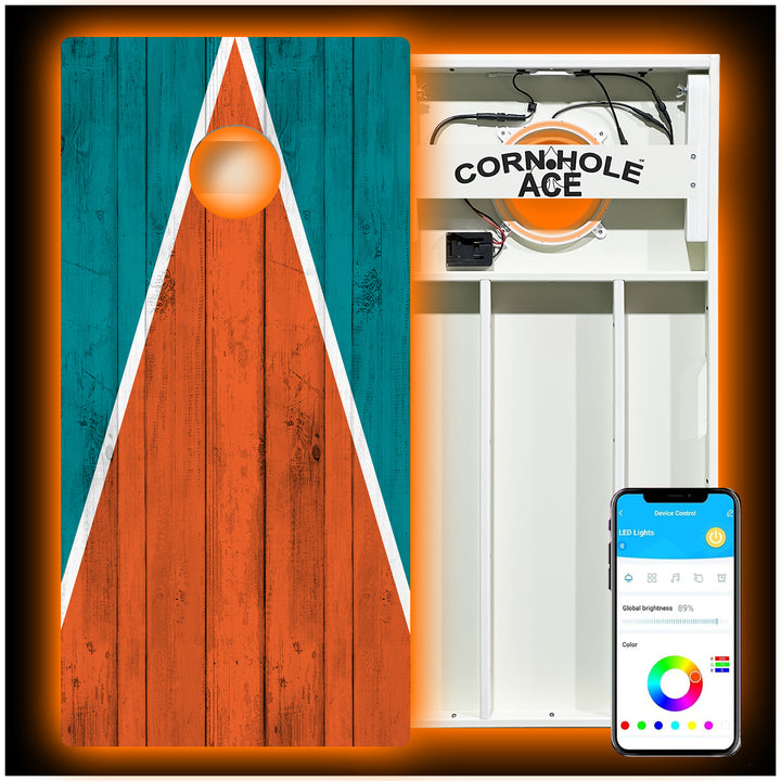 Miami Tailgate Triangle Design (Teal and Orange) - Cornhole Board Set - All Weather - With Pro Light Kit