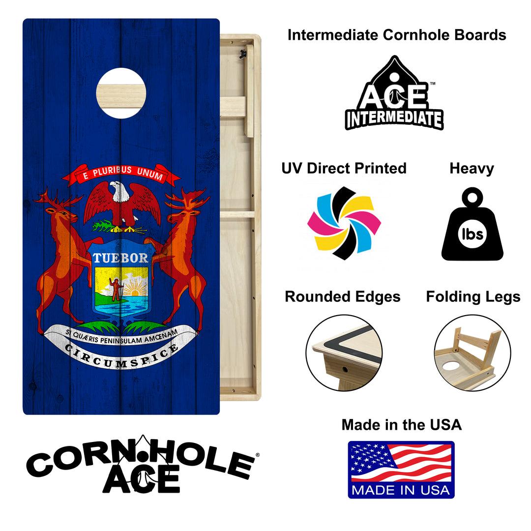 Michigan State Flag - Cornhole Board Set - Intermediate