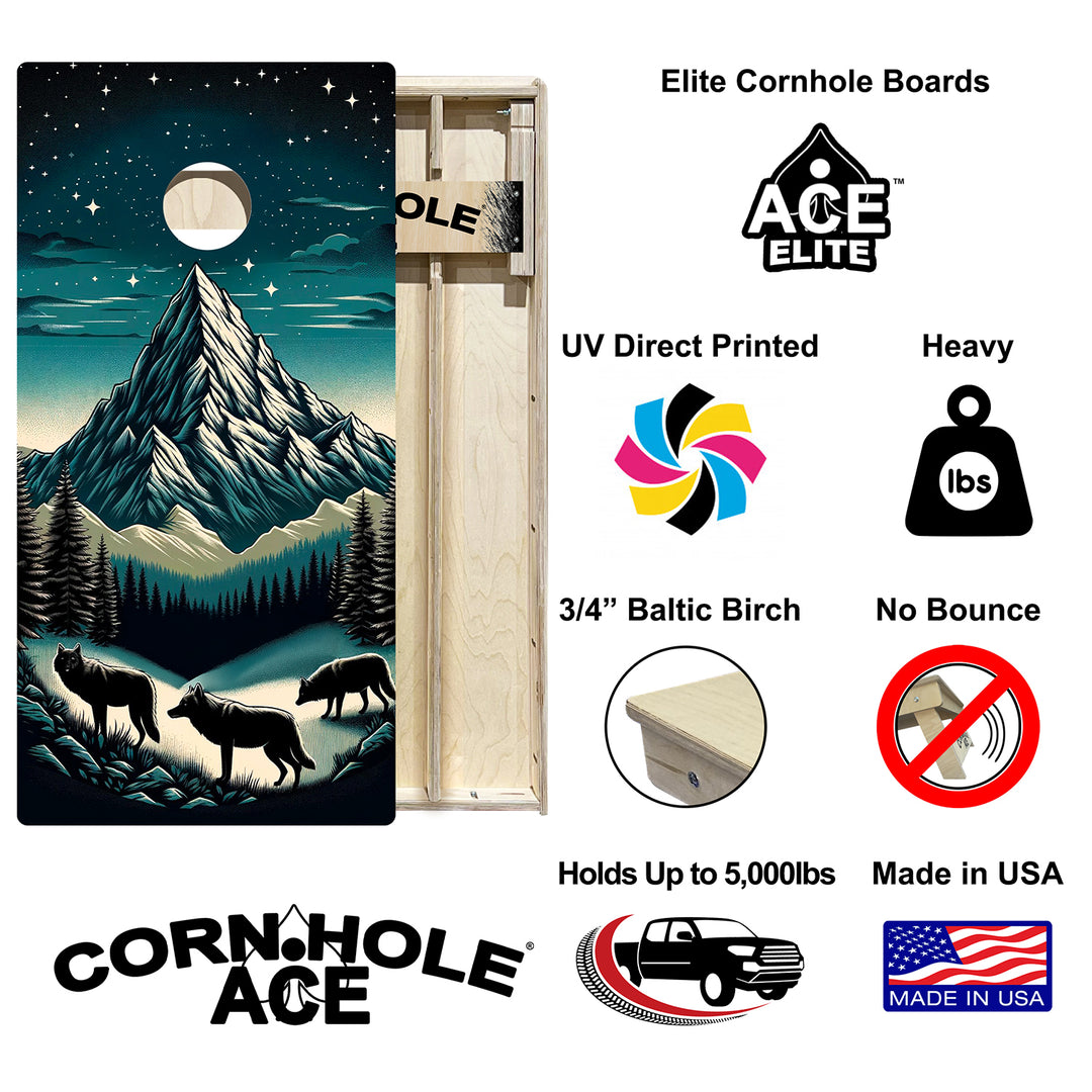 Moonlit Alpine Wolves - Cornhole Board Set - Elite