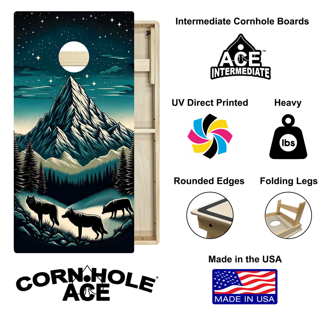 Moonlit Alpine Wolves - Cornhole Board Set - Intermediate