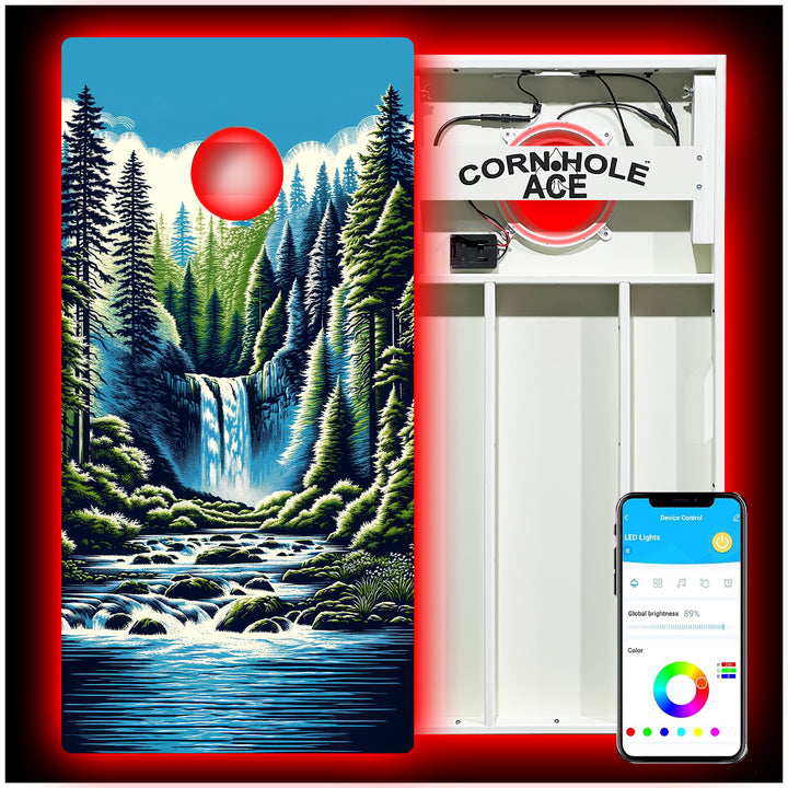 Mountain Forest Waterfall - Cornhole Board Set - All Weather - With Pro Light Kit