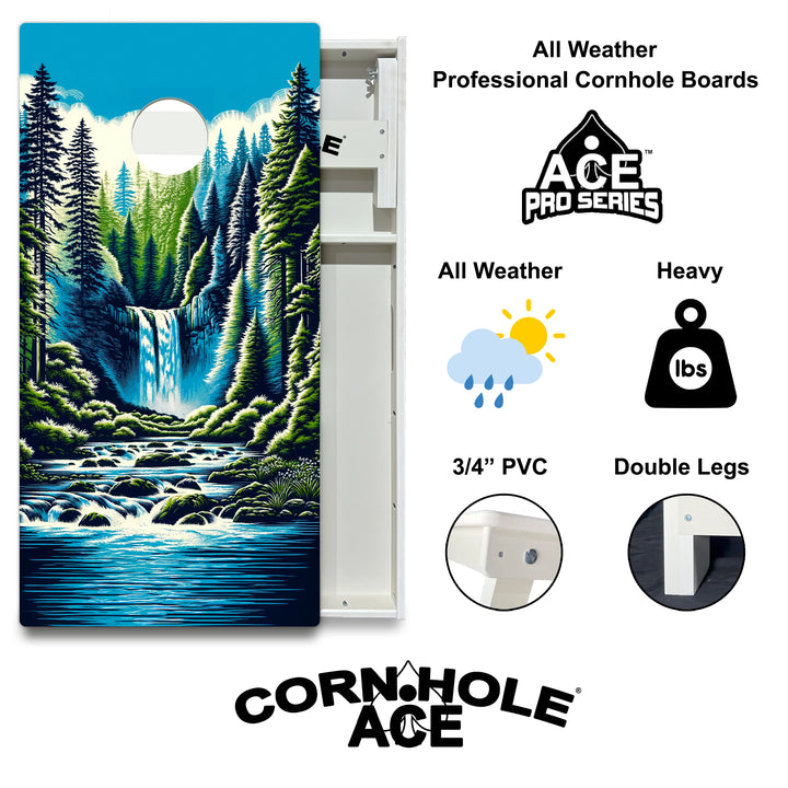 Mountain Forest Waterfall - Cornhole Board Set - All Weather