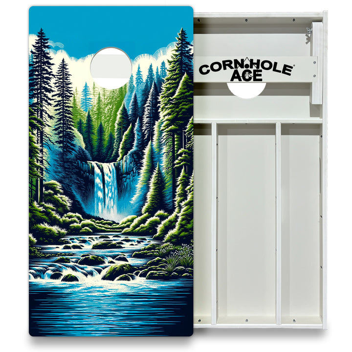 Mountain Forest Waterfall - Cornhole Board Set - All Weather