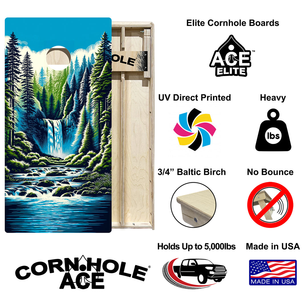 Mountain Forest Waterfall - Cornhole Board Set - Elite