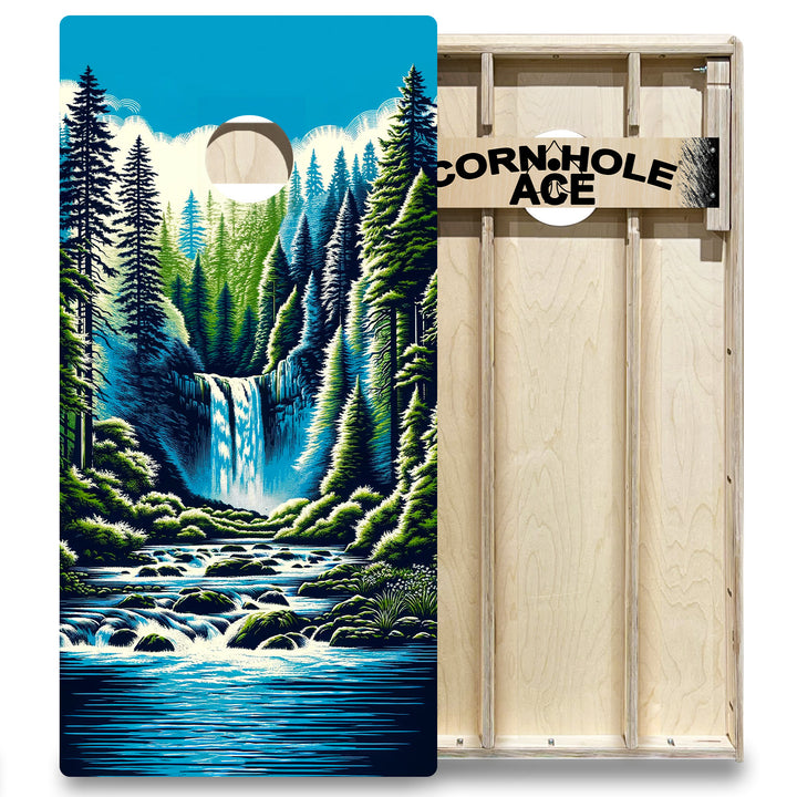 Mountain Forest Waterfall - Cornhole Board Set - Elite