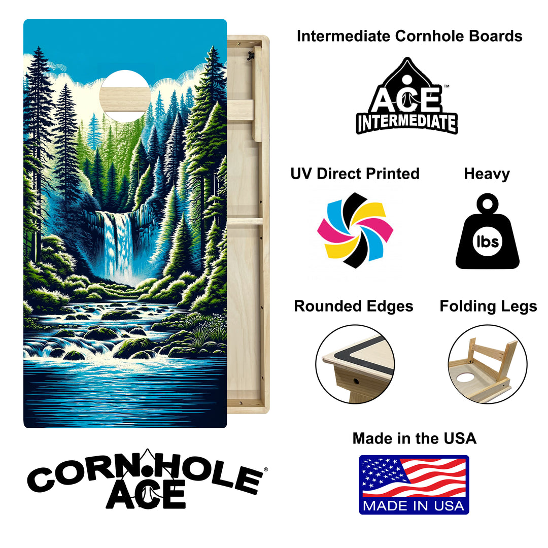 Mountain Forest Waterfall - Cornhole Board Set - Intermediate