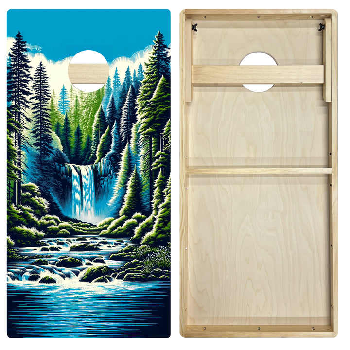 Mountain Forest Waterfall - Cornhole Board Set - Intermediate