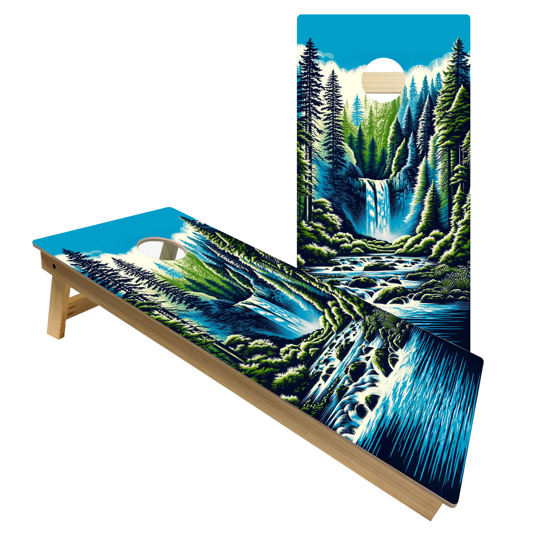 Mountain Forest Waterfall - Cornhole Board Set - Intermediate